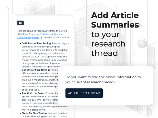 a screenshot of an AI article summary and a call to action asking the user to add the summary to their AI research thread