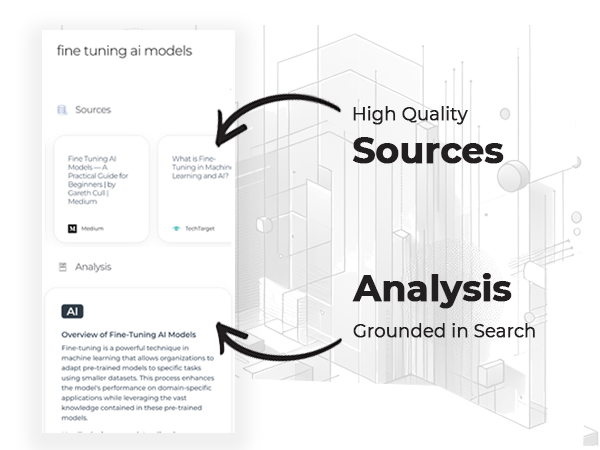 a screenshot of the mobile AI search experience on prototypr.ai where we see an example search result with a 1 page analysis of said results