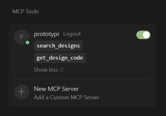 The prototypr.ai MCP server enabled in Cursor Settings