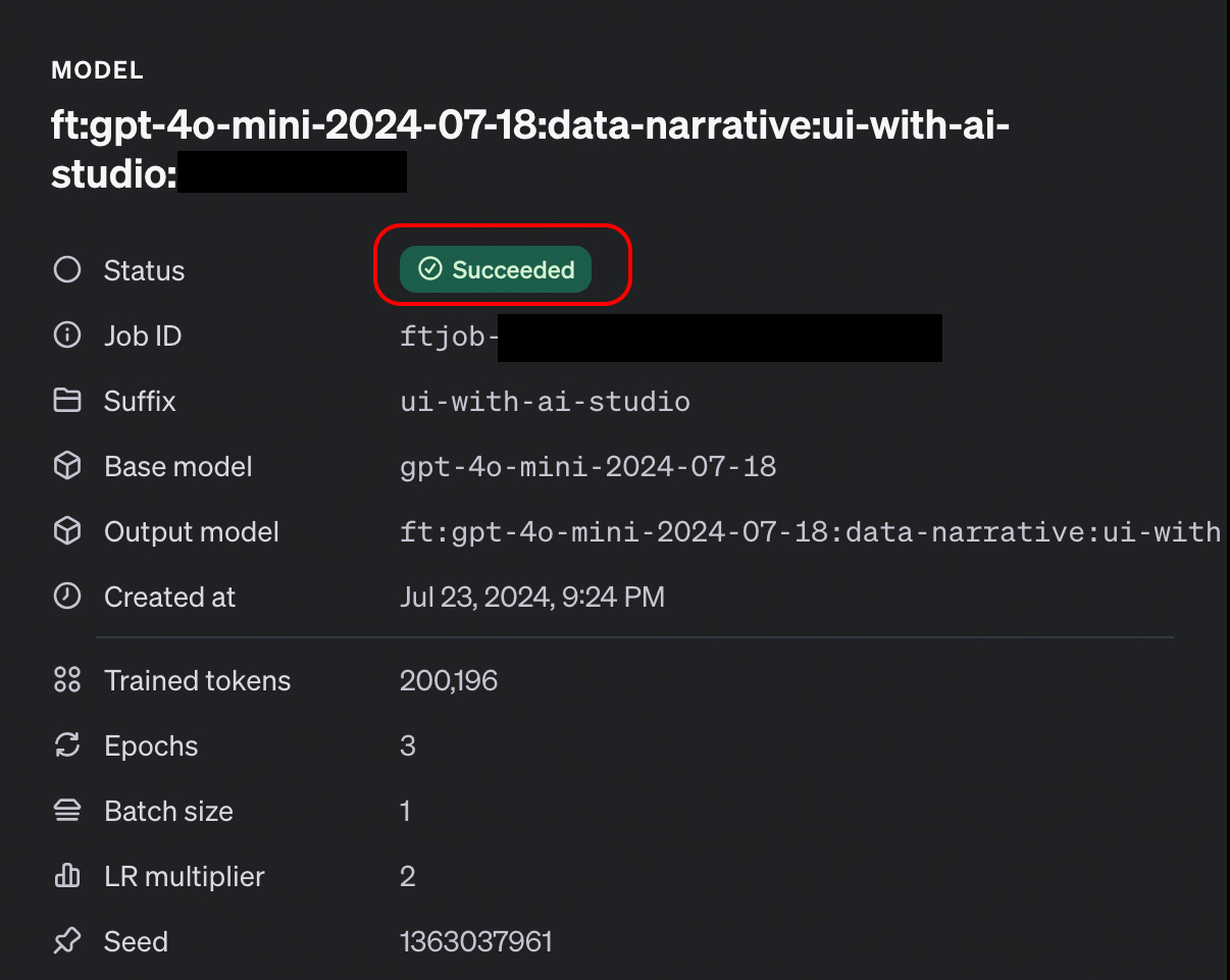OpenAI Fine Tuning UI - fine tuning job complete