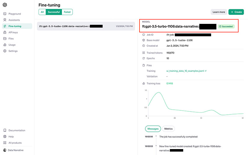 OpenAI Fine Tuning UI - fine tuning job complete