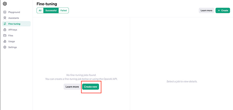 OpenAI Fine Tuning UI - create new fine tuning job screen