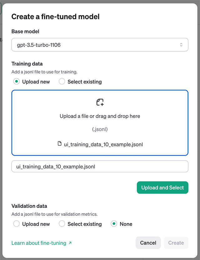 OpenAI Fine Tuning UI - create new fine tuning job modal