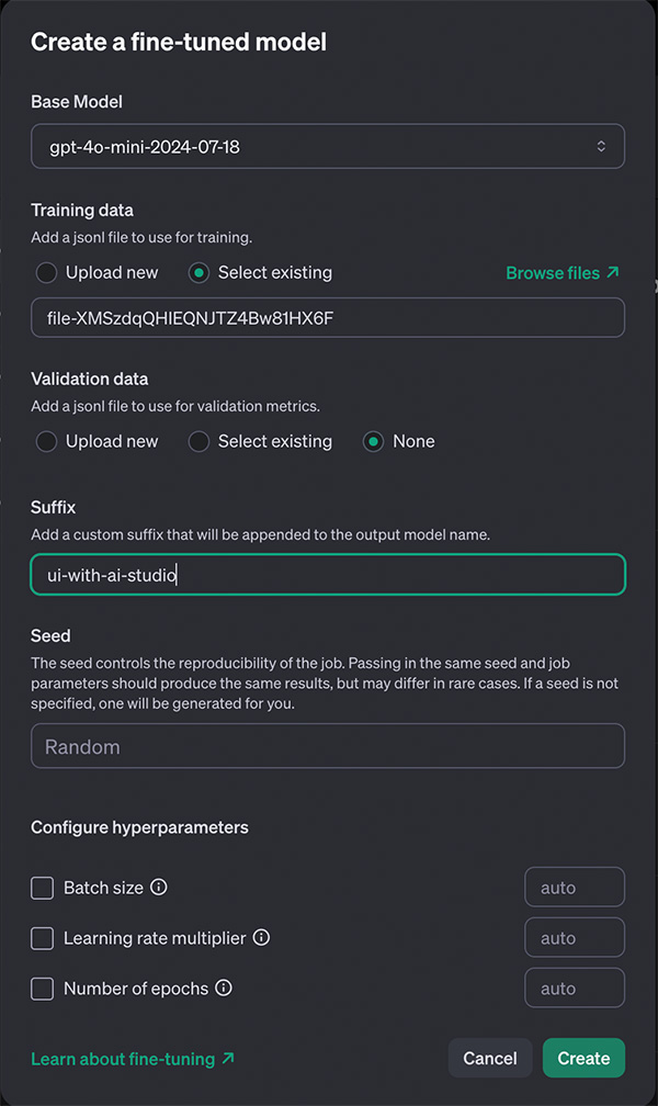 OpenAI Fine Tuning UI - create new fine tuning job modal
