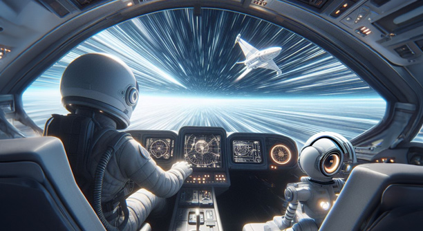 Prompt: a first person view of a cockpit, looking out into space going at warp speed. There is an astronaut in one seat and a small robot sat on a control panel helping with navigation. pixar inspired, ray tracing