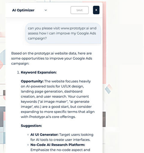 a user asking about how to improve their Google Ads campaign to an AI Optimization Agent