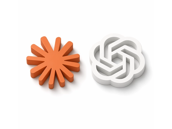 Frontier model logos for OpenAI and Claude in 3d