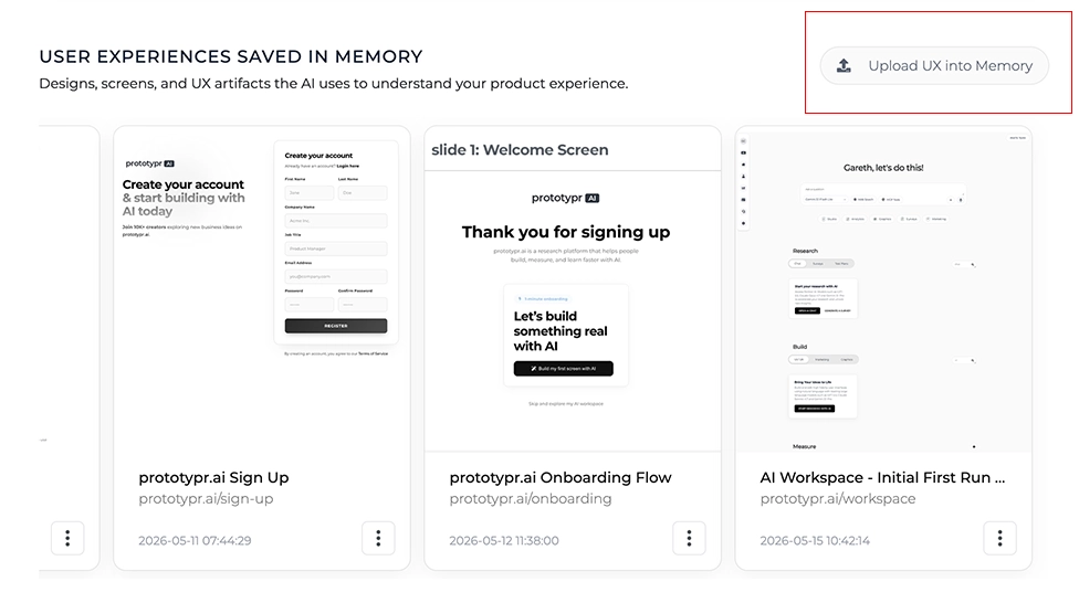 user experiences stored in memory with a cta in the top right to add a new one