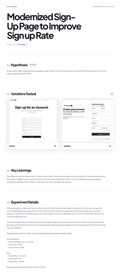 Cropped product screenshot of an experiment document where learnings are recorded