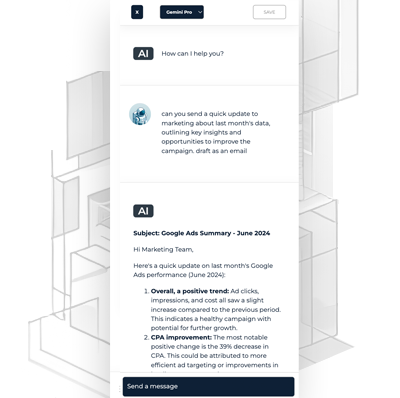 Google Gemini 2.0 Flash summarizing a Google Ads dashboard with key insights and opportunities