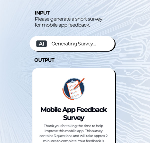 Screenshots of a simplified flow showing how to generate a survey using an AI Surveys prompt