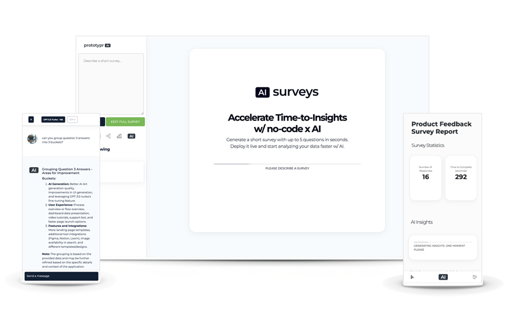 Laptop computer and mobile phone with screens of the AI Surveys experience on prototypr.ai