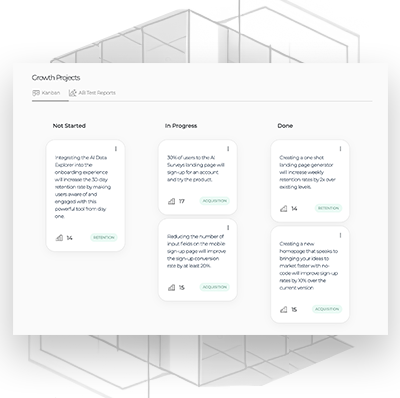 A kanban board featuring experiments across Not Started, In Progress and Done columns.