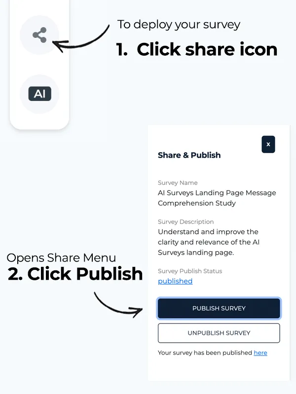 AI survey generator turning a product research prompt into a five-question landing page messaging survey