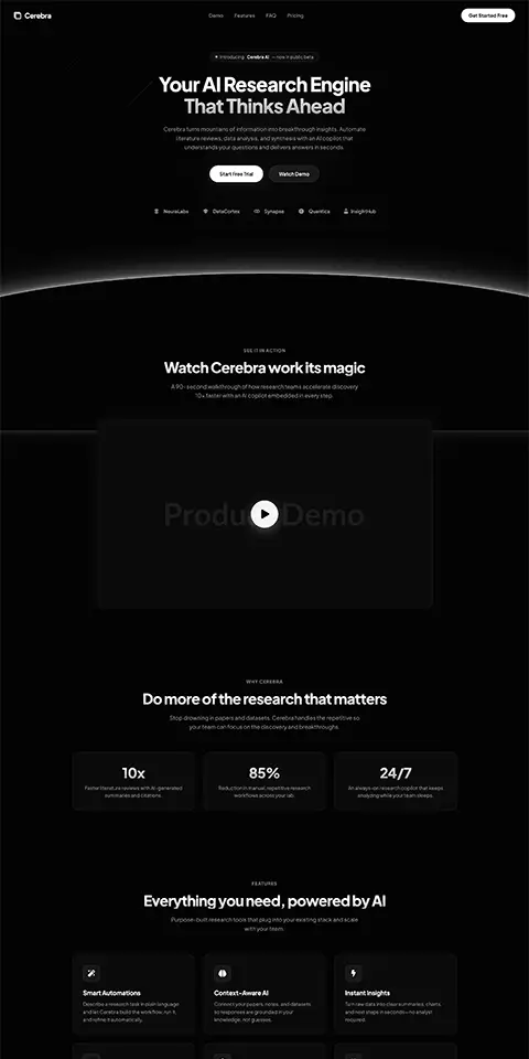 A landing page template for an AI Saas app, dark mode
