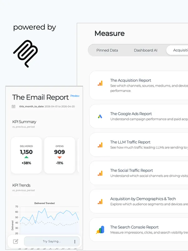 AI-powered lifecycle reports using data from verified Google Analytics, Search Console, Stripe, and SendGrid MCP servers