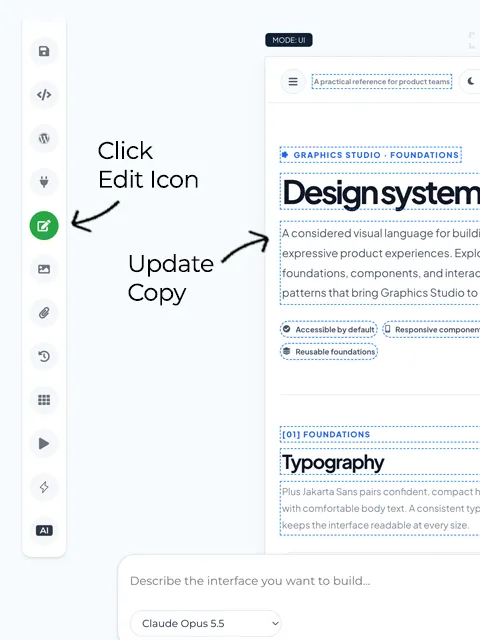 a user clicking the edit icon in prototypr.ai Studio to enable text editing