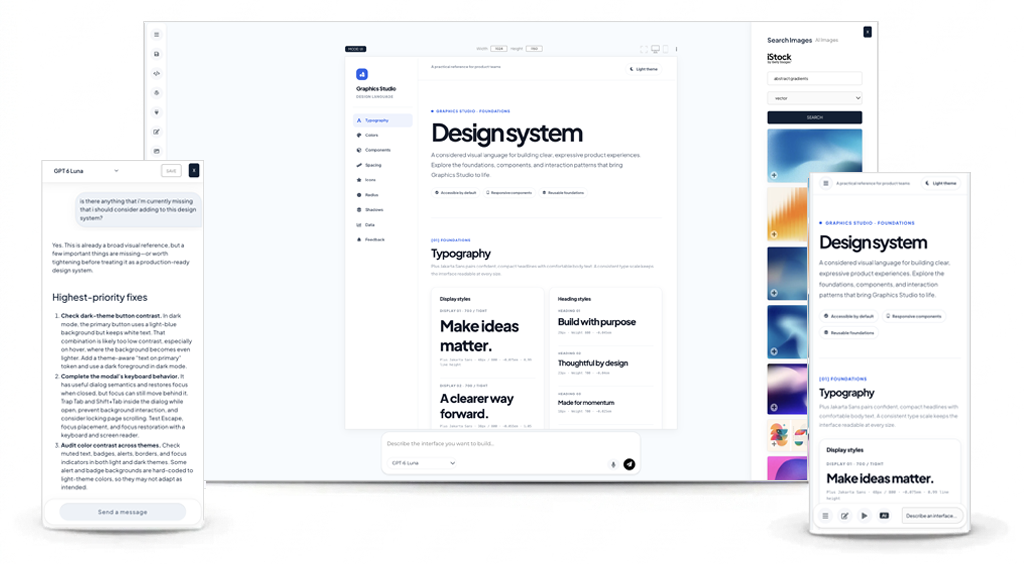 prototypr.ai Studio interface showing a dashboard design system being developed alongside an AI conversation about how to improve the experience.