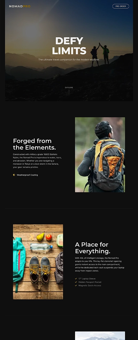 a professional dark model storytelling product page with ecom