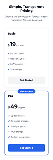 landing page component for pricing