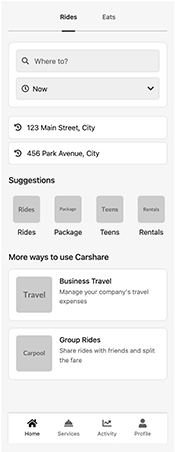 a ride sharing app wireframe