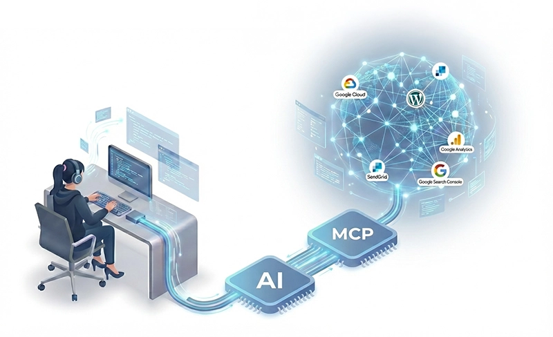 A User connecting to an ai agent to access various mcp servers and data sources