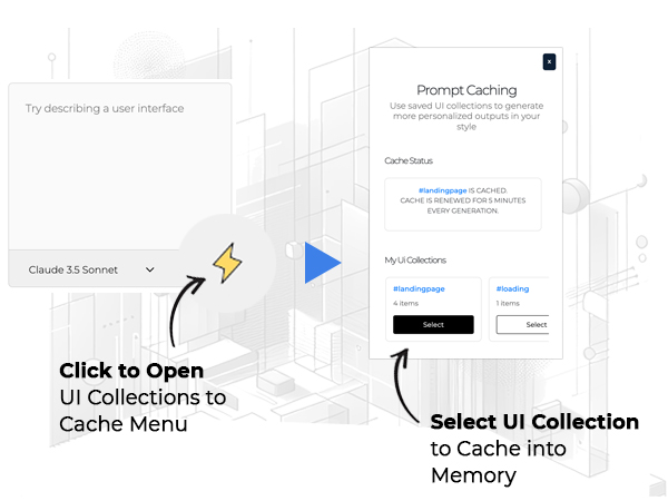 The prompt caching menu in ui_w/ AI Studio where you cache your UI collections into a Claude 3.5 Sonnet prompt