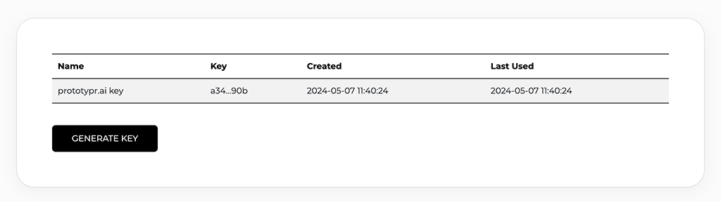 screenshot of a generated prorotypr.ai api key experience