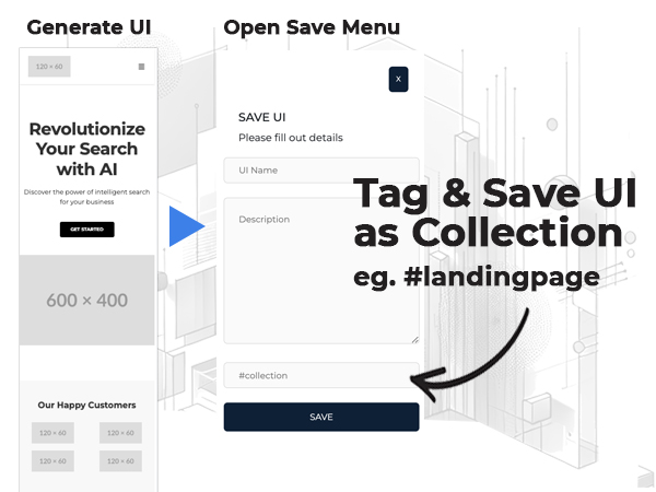 A view of a geneative ui landing page, which is then saved as part of a ui collection in ui_w/ AI 