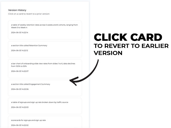 A feed of version history cards for Dashboard AI